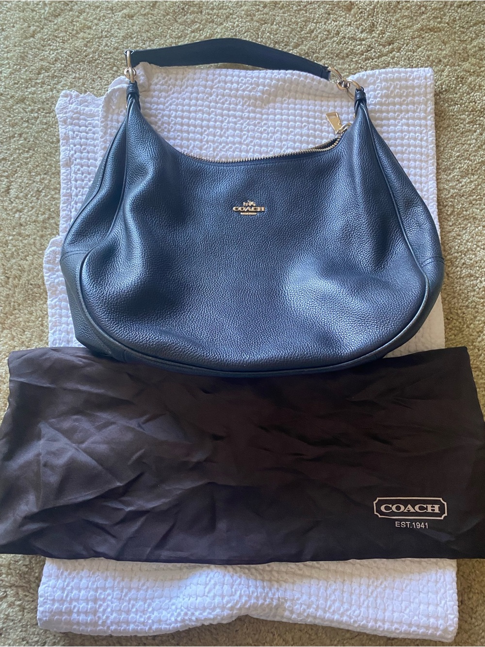 Coach Black Pebbled Leather Shoulder Hobo with Gold Logo